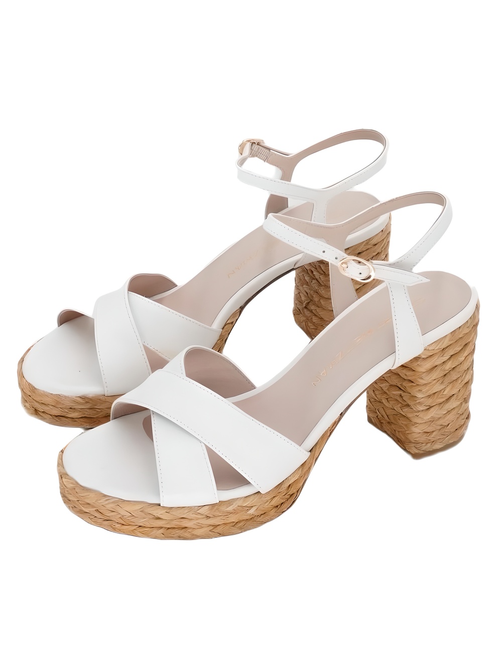 Stuart Weitzman Dayna Platform 80 Cream Leather Raffia Wedge Sandals Size 8.5B - Picture 2 of 6